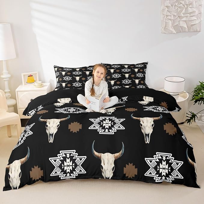 Feelyou Black Bull Skull Comforter Set Toddler Size Kids Western Aztec Duvet Quilt for Boys Girls Teens Southwestern Bohemian Boho Wild Cowboy Tribal Rustic Bedding Set Room Decor 2Pcs