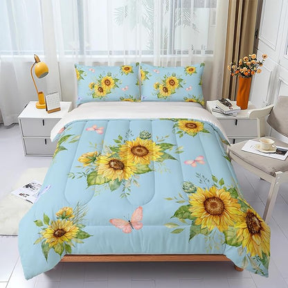 Sunflower Blue Comforter Set Full Size for Women Adults,3 Piece Butterfly Floral Bedding Set,Microfiber Quilts with 2 Shams Soft Lightweight Quilt Room Decor,Blue
