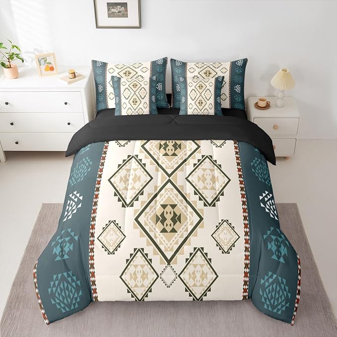 Erosebridal Rustic Southwestern 7 Piece Bedding Set Full Western Aztec Comforter Set Exotic Tribal Geometric Aesthetic Bed in A Bag Bohemian Ethnic Native Quilt with Flat Fitted Sheet Cabin Decor