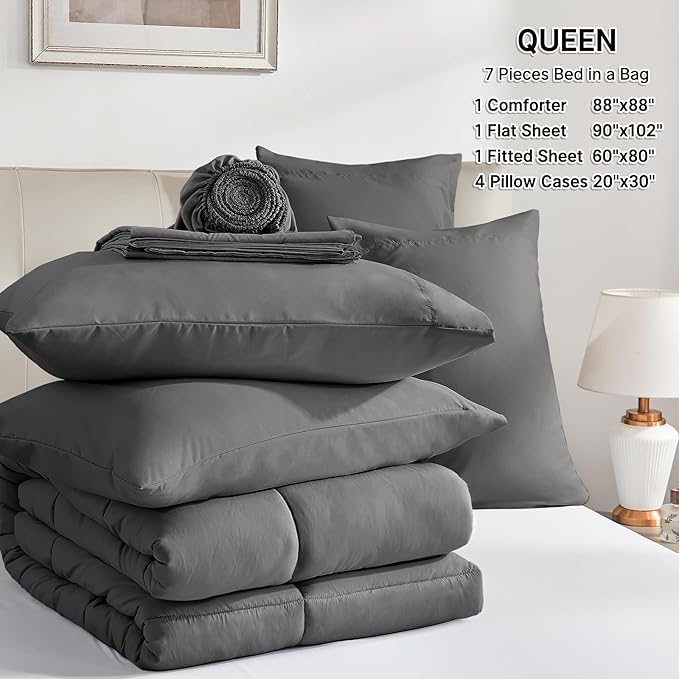 SunStyle Home Dark Grey Full/Queen Comforter Set - 7 Pieces Bed in a Bag, Lightweight Goose Down Alternative Bedding Sets with All Season Comforter, 1 Flat Sheet, 1 Fitted Sheet, 4 Pillowcases