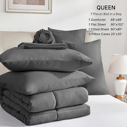 SunStyle Home Dark Grey Full/Queen Comforter Set - 7 Pieces Bed in a Bag, Lightweight Goose Down Alternative Bedding Sets with All Season Comforter, 1 Flat Sheet, 1 Fitted Sheet, 4 Pillowcases