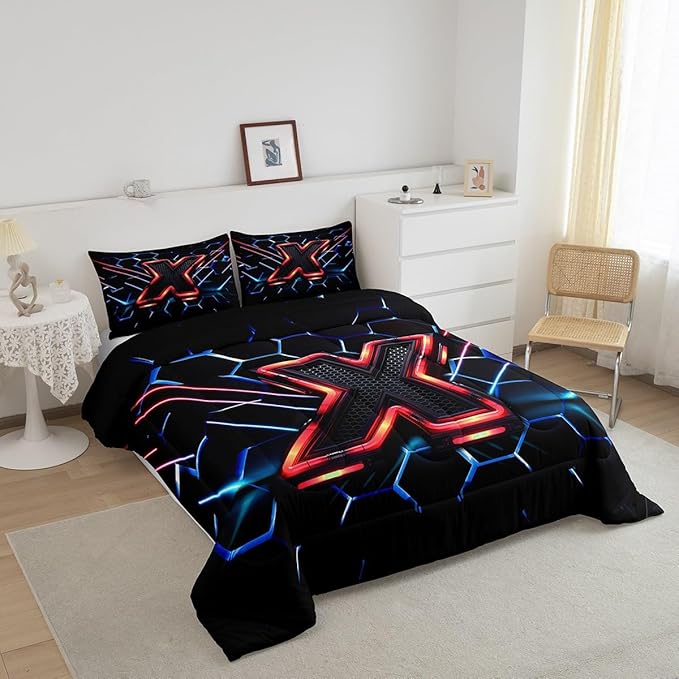 Manfei Geometric Honeycomb Kids Comforter Set King Size,Blue Neon Hexagon Abstract Bedding Set for Boys Girls Man Room Decor,Light Gaming Fashion Down Comforter,Red Black Duvet Insert,2 Pillowcases