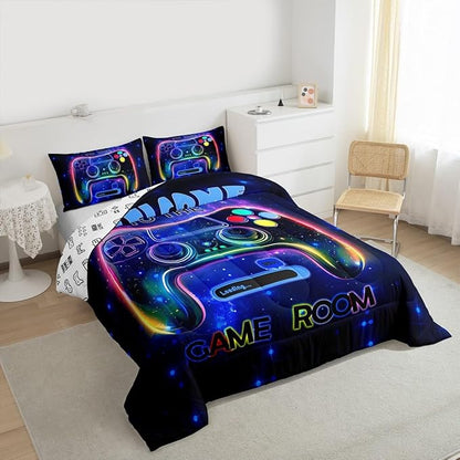 jejeloiu Cool Gamer Bedding Set Full Size for Boys 3D Gaming Comforter Set Kids Teens Bright Blue Duvet Set Modern Game Console Quilt Set 3Pcs