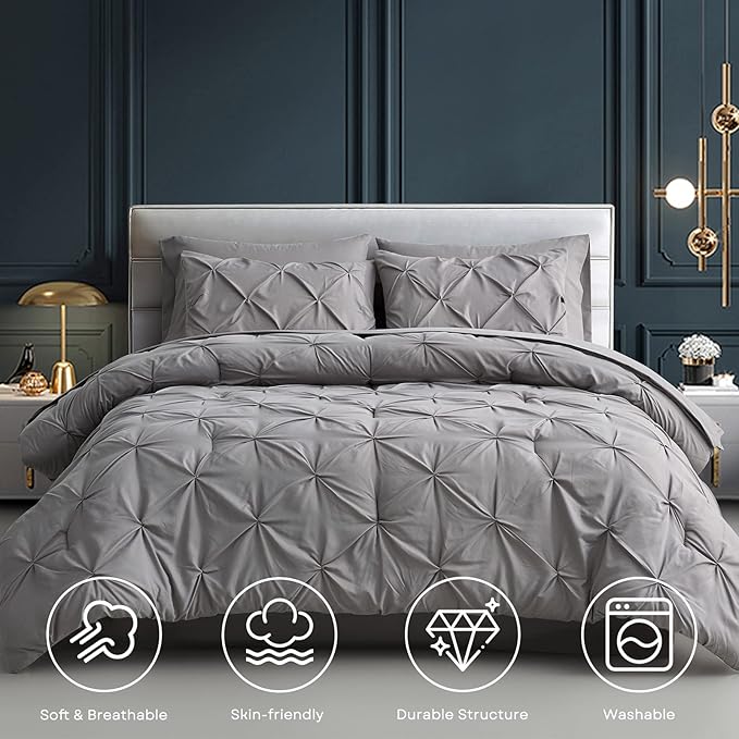 Maple&Stone Queen Comforter Set - 7 Pieces Pintuck Bed in A Bag Queen Pleat Pinch - Comforters Queen Size - Comforter Set with Flat Sheet, Fitted Sheet and Pillowcases & Shams, Grey