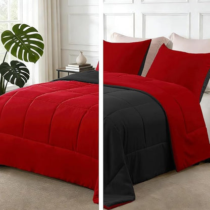 Exclusivo Mezcla Lightweight Reversible King Size Comforter Set, Down Alternative Comforter with 2 Pillow Sham, King Size Bedding Set for All Seasons, Red/Black