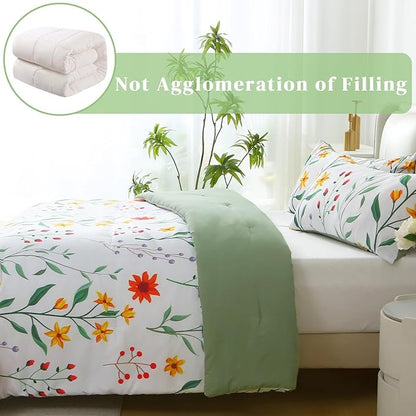 Queen Comforter Set Green 3 Pieces Bed in a Bag, Colorful Floral Bedding Sets Elegant Botanical Bed Set Lightweight Soft Comforter with 2 Pillowcases for All Season