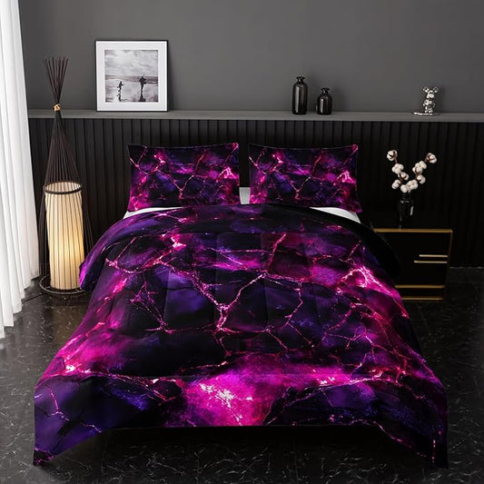 Pink Comforter Set Full Size，Pink Marble Bedding Set 3 Pcs Bedding for Adults, Marble Room Decor with Comforter and 2 Pillowcases Soft and Lightweight B-Side Black