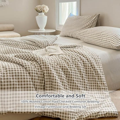 NSNLGSGC Tan Gingham Cotton Comforter Set King, 100% Washed Cotton Taupe Plaid Checked Comforter Bedding, 3 Pieces Vintage Farmhouse Grid Bedding Set(Tan Gingham, King)