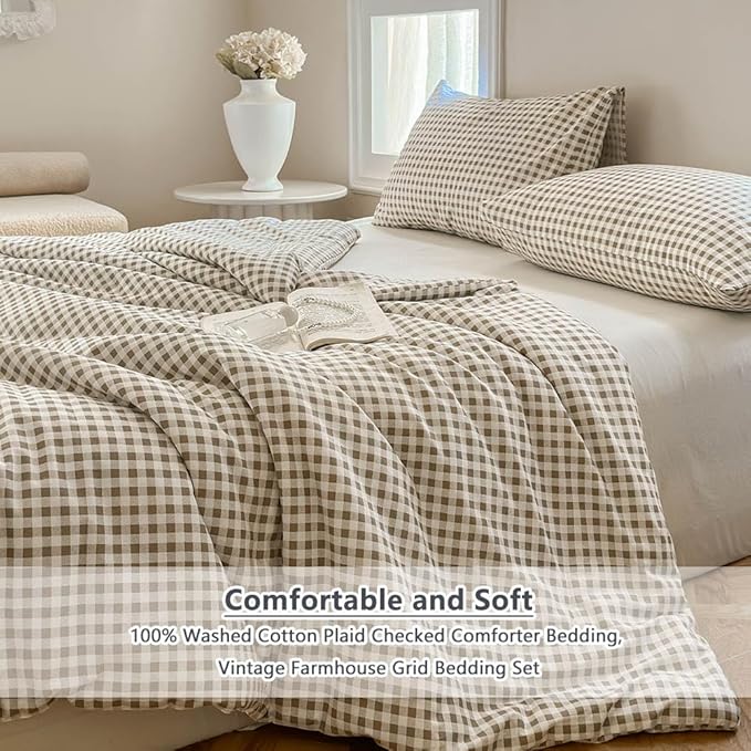 NSNLGSGC Tan Gingham Cotton Comforter Set Queen, 100% Washed Cotton Taupe Plaid Checked Comforter Bedding, 3 Pieces Vintage Farmhouse Grid Bedding Set(Tan Gingham, Queen)