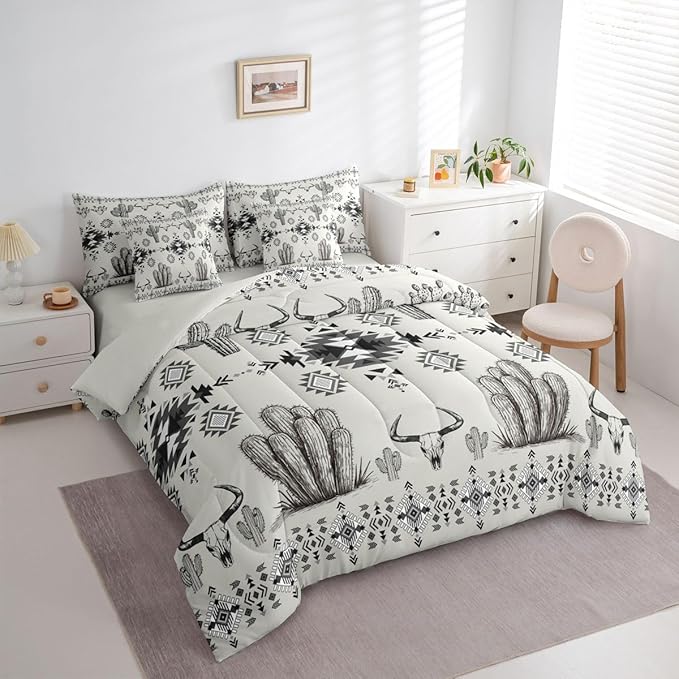Erosebridal Grey Southwestern Bed in A Bag 7 Pcs Western Aztec Comforter Set for Kids Teens Country Geometric Vintage Bedding Sets Queen Rustic Cactus Bull Skull Boho Tribal Sheet Set with Comforter