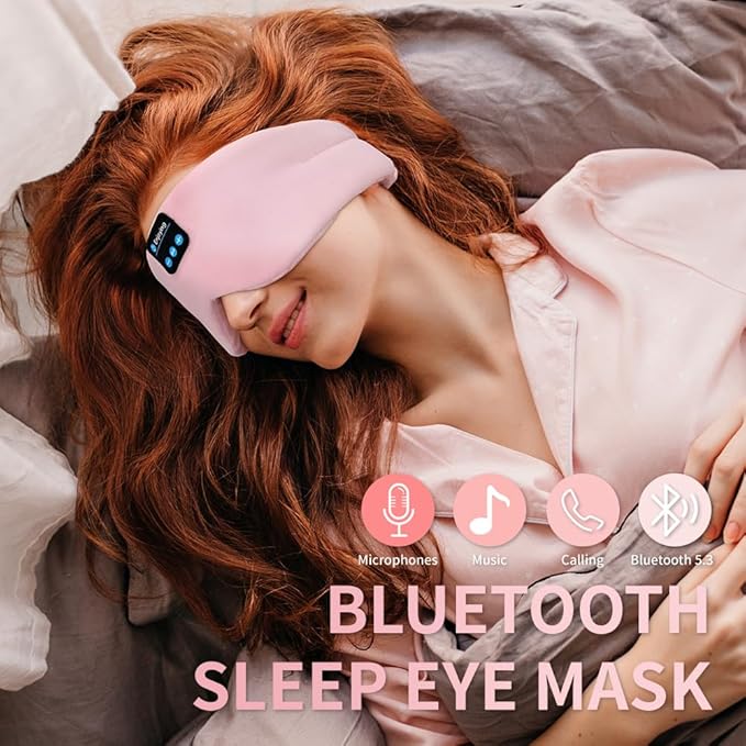 Soft Sleep Eye Mask Bluetooth Headband Wireless Headphones, SYPVRY Adjustable Sleep Mask for Sleeping Meditation Insomnia Night Mask Music Eye Cover for Side Sleepers Airplane Travel, Pink