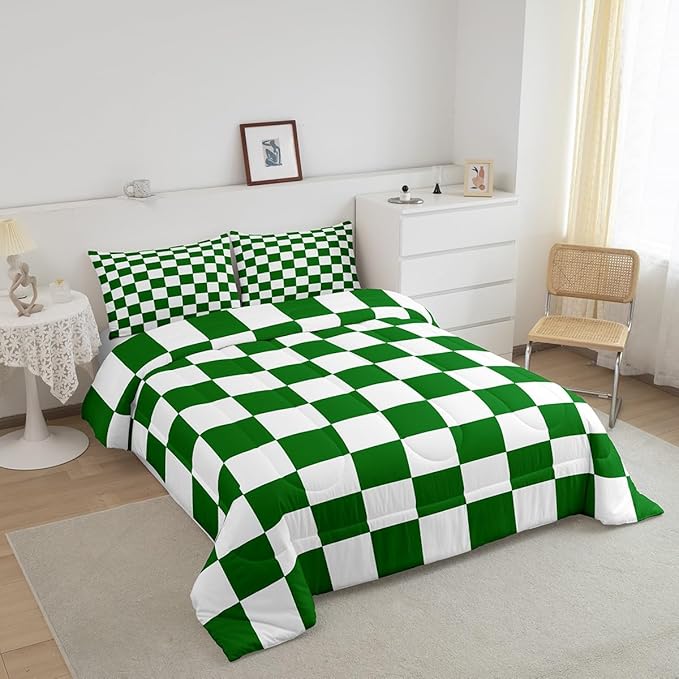 Feelyou Checkered Retro Bedding Set Teen Women Men Green White Plaid Comforter Set King Size Kids Boys Girls Geometric Vintage Duvet Insert Modern Simple Groovy Aesthetic Room Decor