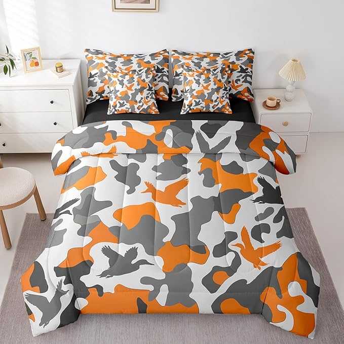 Erosebridal Camouflage 7 Piece Comforter Set King Size Hunting Bedding for Kids Army Duck Hunter Bed in A Bag Sheet Set Vintage Yellow Grey Mallard Duck Room Decor Wild Animal Rustic Bed Set