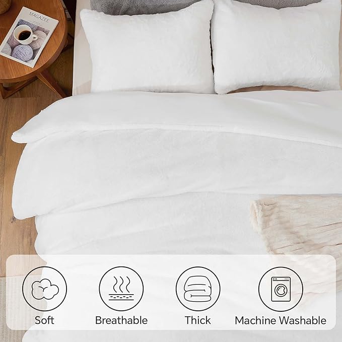 BEDELITE Faux Fur Fleece Queen Comforter Set - Fluffy & Warm White Comforter Queen Size，Ultra Soft and Cozy Winter Bedding Set,Fuzzy Thick Bed Set,1 Comforter and 2 Pillowcases