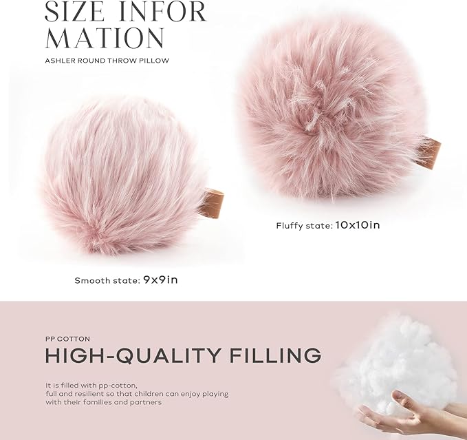 Ashler Plush Round Pillows, Ball Throw Pillow with Handle, Faux Fur Luxury Soft Decorative Cushion, Modern Home Decor Fluffy Round Pillow for Sofa, Bed, Chair, Light Pink, 9 x 9 inch
