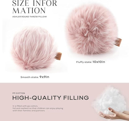 Ashler Plush Round Pillows, Ball Throw Pillow with Handle, Faux Fur Luxury Soft Decorative Cushion, Modern Home Decor Fluffy Round Pillow for Sofa, Bed, Chair, Light Pink, 9 x 9 inch