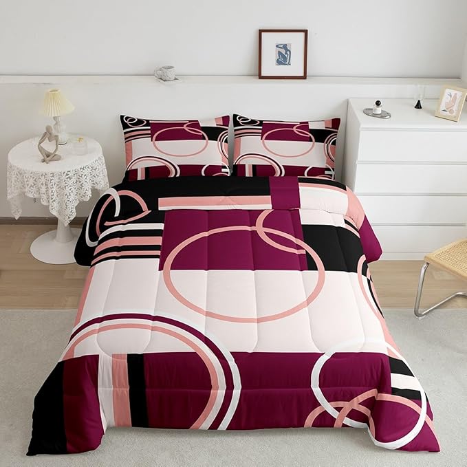 Geometric Circles Swirls Bedding Set Full Modern Pink Purple Black Gray Comforter Abstract Grid Quilted Duvet Stripes Square Duvet Insert Soft Microfiber Bedding Comforter Sets Simple Style