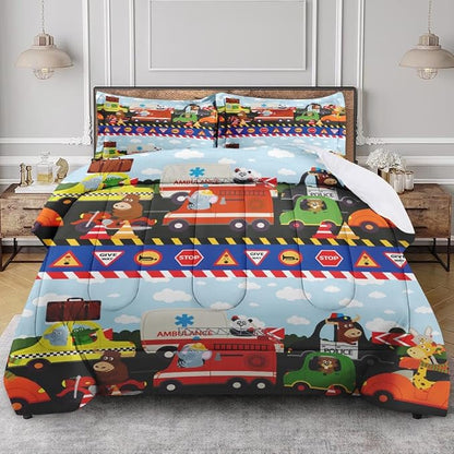 Vintage Car Lion Comforter Set for Kids Toddlers Teens Adults Full, City Tractor Fire Bedding Sets Water Washed Microfiber Bedding with 1 Comforter 2 Pillowcase All Season