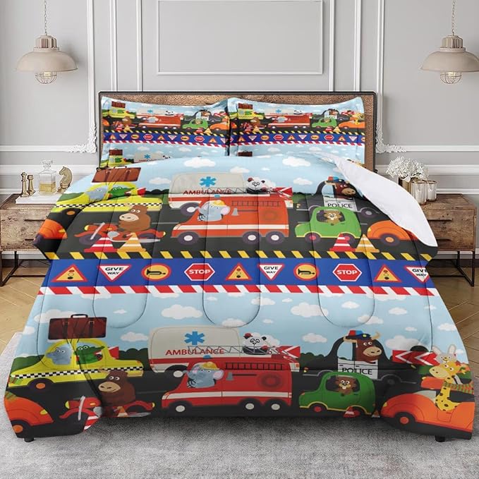 Vintage Car Lion Comforter Set for Kids Toddlers Teens Adults Twin, City Tractor Fire Bedding Sets Water Washed Microfiber Bedding with 1 Comforter 1 Pillowcase All Season