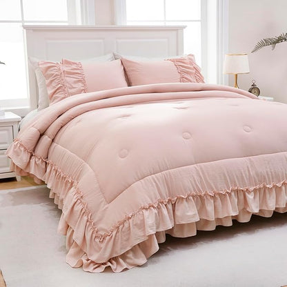 Bedding_Dreamer Ruffle Comforter Set King Shabby Chic Bedding Set 2 Layers Ruffles Home Decor Vintage Farmhouse Soft Down Comforter Blush Pink Quilt Set…