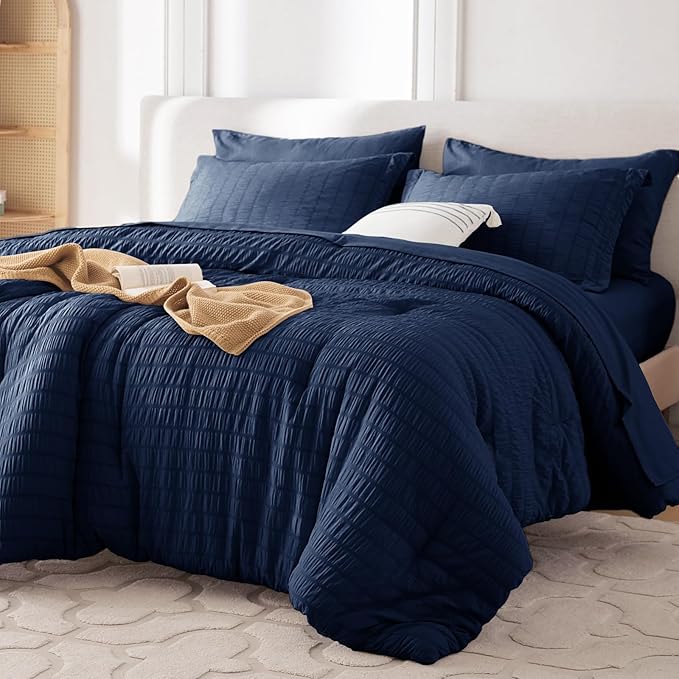 MUXHOMO 5 Pieces Twin XL Comforter Set, Seersucker Bed in a Bag Twin XL Size, All Season Luxury Bedding Set with Comforter, Flat Sheet, Fitted Sheet, Pillowcase & Sham, Navy Blue
