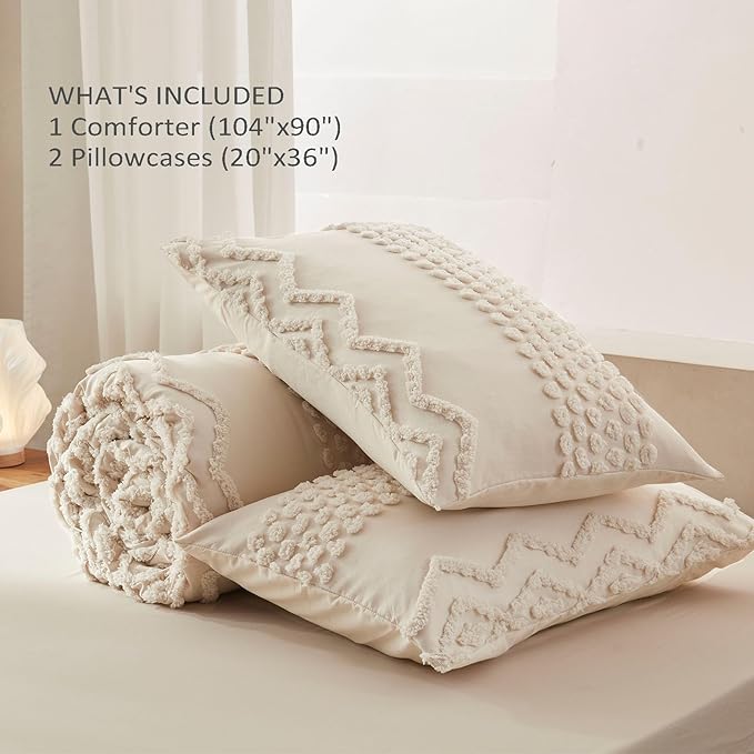 Luxudecor Beige Tufted Comforter Set King Size 3 Pieces Boho Shabby Chic Comforter Farmhouse Embroidery Bed Set Soft Comforter for All Seasons (Beige, 104''x90'')