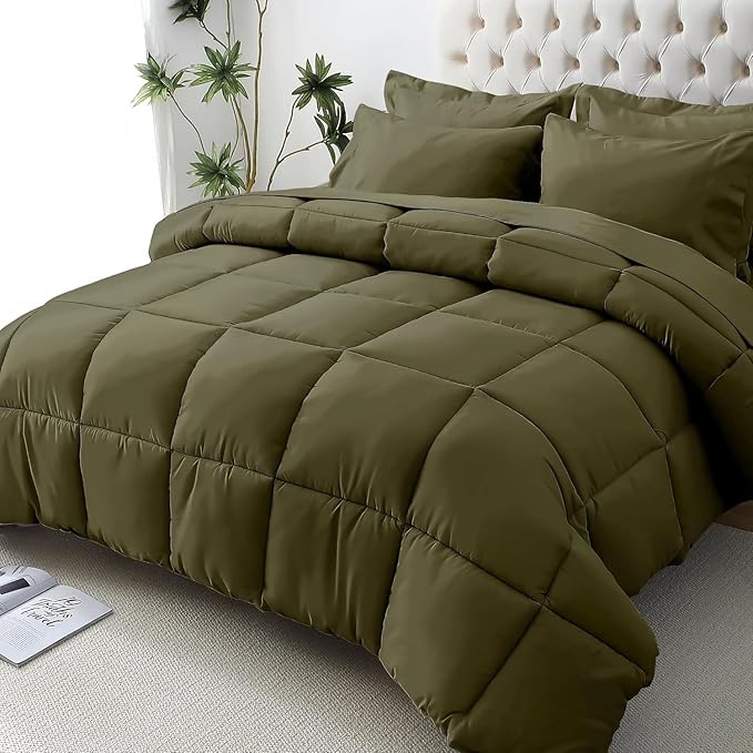 JOLLYVOGUE Twin Comforter Set, Ultra-Soft Bed in a Bag Twin Size 5 Pieces, Oeko-TEX Certified Bedding Set with Down Alternative Comforter, Sheets, Pillowcases & Shams, Olive Green