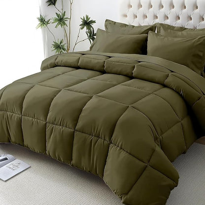 JOLLYVOGUE Twin Comforter Set, Ultra-Soft Bed in a Bag Twin Size 5 Pieces, Oeko-TEX Certified Bedding Set with Down Alternative Comforter, Sheets, Pillowcases & Shams, Olive Green
