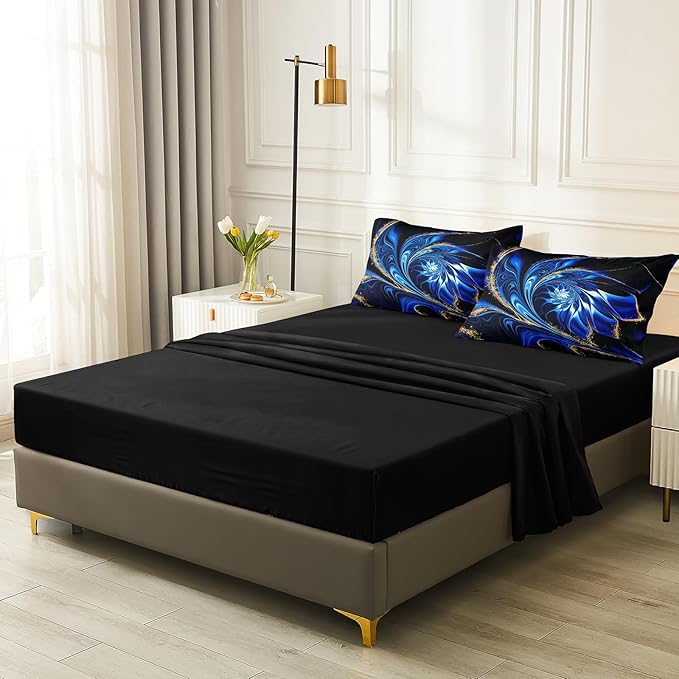 Black Blue Comforter Set Marble Bedding Twin Size Blue and Gold Vortex Floral Psychedelic Design Abstract Bed in A Bag with Sheet Set