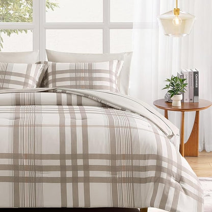 MaiRêve Twin XL Comforter Set Brown Grey, Classic Plaid Farmhouse Bedding Sets 5 Pieces for Boys Girls Teen, All Season Bed in a Bag for Dorm with Sheets, Pillowcase & Sham