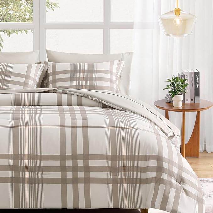 MaiRêve Full Size Comforter Set Brown Grey, Classic Plaid Farmhouse Bedding Sets 7 Pieces, All Season Lightweight Bed in a Bag with Sheets, Pillowcases & Shams