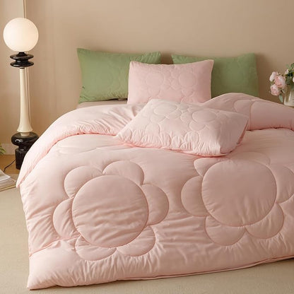 Luxlovery Pink Sunflower Comforter Set Twin Light Pink Floral Quilts Blush Pink Bedding Comforter Set Boho Farmhouse Plain Color Soft Breathable Cozy Comforter