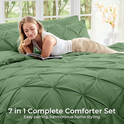 Sasttie King Size Comforter Set, 7-Piece Bed in a Bag, Pintuck Bedding Set for All Season, Includes Comforter, Flat Sheet, Fitted Sheet, Pillowcases and Pillowshams, Green