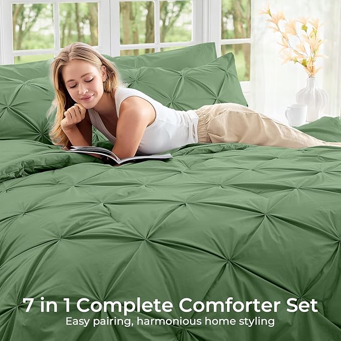 Sasttie Twin Comforter Set, 5-Piece Bed in a Bag, Pintuck Bedding Sets for All Season, Includes Comforter, Flat Sheet, Fitted Sheet, Pillowcase and Pillowsham, Green