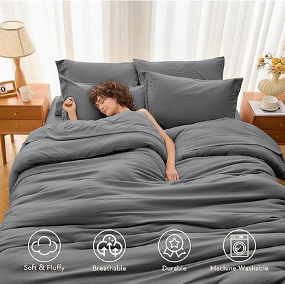 MUXHOMO 7 Pieces California King Comforter Set, Soft Bed in a Bag Cal King Size, All Season Bedding Set with Comforter, Flat Sheet, Fitted Sheet, Pillowcases & Shams, Dark Grey