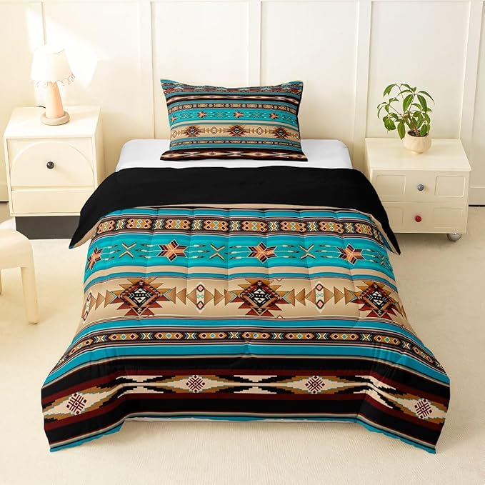 Aztec Bedding Set Ethnic Tribal Arrow Comforter Set,Vintage Southwestern Native Bohemian Quilt Twin,Western Star Duvet Insert Exotic Geometric Diamond Stripes Room Decor,Teal Blue and Brown