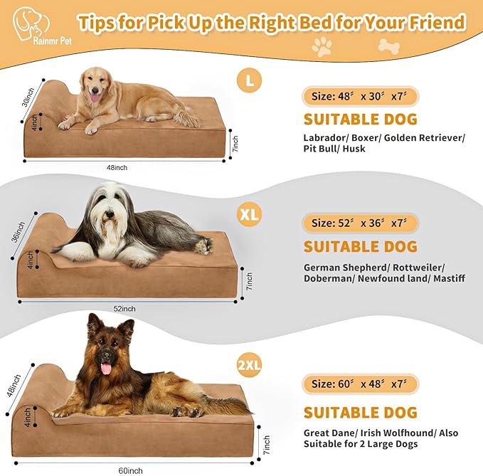 Orthopedic Dog Beds for Large Dogs, 7" Memory Foam Dog Beds with Waterproof Liner, Durable Microsuede Cover, Removable and Washable, Nonskid Bottom, 52"x36"x7" XL Khaki