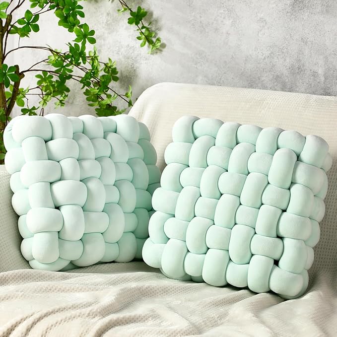 Wenqik 2 Pcs Knot Pillows Square Knotted Plush Throws Soft Accent Pillows Decoration Cushion for Couch Home Office Living Room Bedroom Bed Sofa Decor, 12'' x 13''(Light Green,Crystal Velvet)