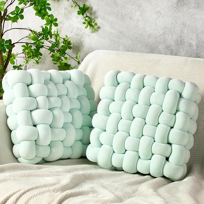 Wenqik 2 Pcs Knot Pillows Square Knotted Plush Throws Soft Accent Pillows Decoration Cushion for Couch Home Office Living Room Bedroom Bed Sofa Decor, 12'' x 13''(Light Green,Crystal Velvet)