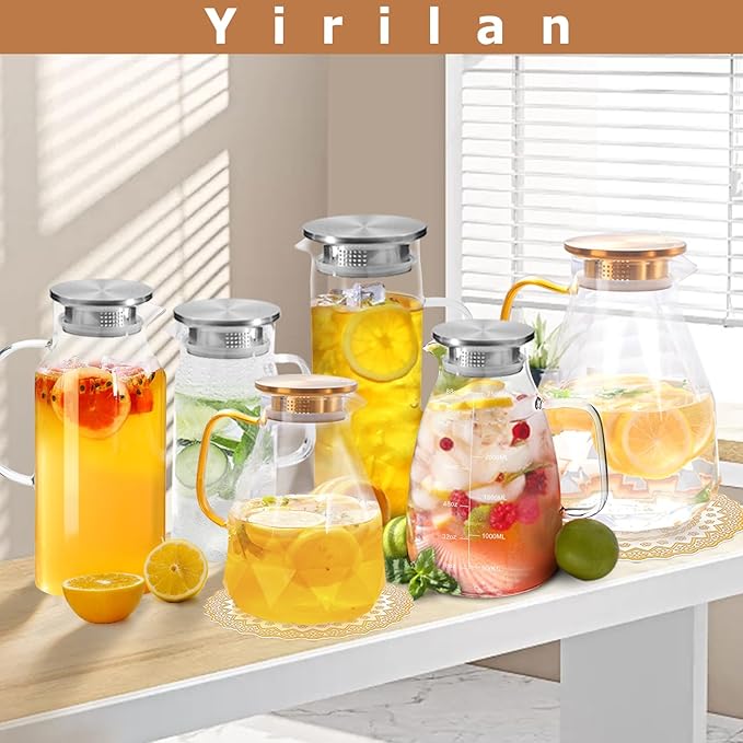 Yirilan Glass Pitcher, 90 oz/2.6 Liter Water Pitcher with Lid, Large Juice Pitchers for Drinks, Glass Water Carafe,Glass Tea Jug,Beverage Pitcher Transparent