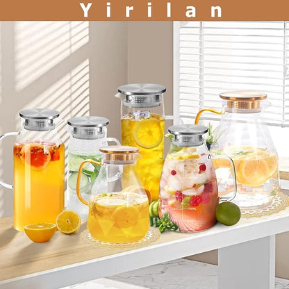 Yirilan Glass Pitcher, 90 oz/2.6 Liter Water Pitcher with Lid, Large Juice Pitchers for Drinks, Glass Water Carafe,Glass Tea Jug,Beverage Pitcher Transparent
