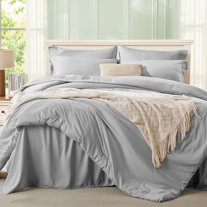 Anluoer Light Grey Full Comforter Set 7 Pieces, Bed in a Bag with Sheets, All Season Bedding Sets with 1 Comforter, 2 Pillow Shams, 2 Pillowcases, 1 Flat Sheet, 1 Fitted Sheet
