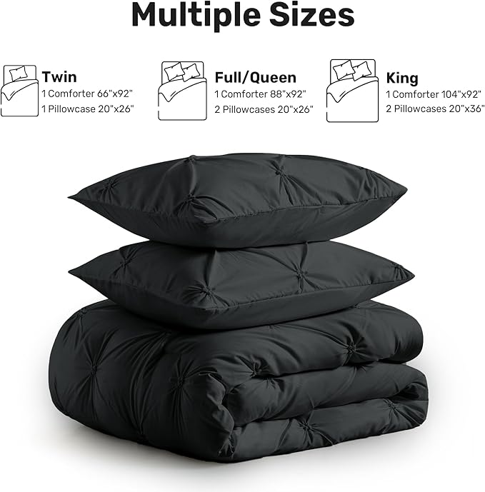 UNIKOME Queen Comforter Set Black - Ultra Soft Boho Pintuck Down Alternative Bedding Set for All Seasons, 3 Pieces Lightweight Warm Pinch Pleat Bed Set with Comforter, 2 Pillowcases