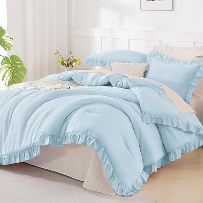 Andency Light Blue Comforters Queen Size, 3 Pieces Solid Shabby Chic Farmhouse Bedding Comforters & Sets, Lightweight Fluffy All Season Soft Down Alternative Bed Set for Women Men