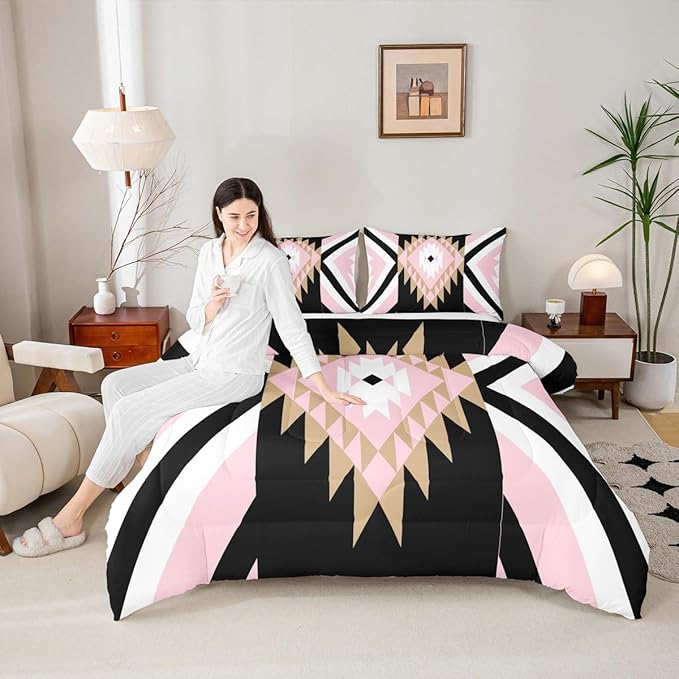 Feelyou Pink Black Boho Western Comforter Set Southwestern Aztec Tribal King Size Bedding Set for Kids Boys Girls Vintage Geometric Duvet Quilt