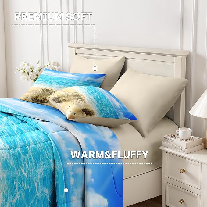 Nesker 5 Pcs Comforter Set Twin Size, Coastal Beach Seascape Scenery Bedding Set for Kids and Adults, Blue Ocean Seaside Seaweed Summer Bed Sheet Sets with Fitted Sheet Pillowcases & Shams