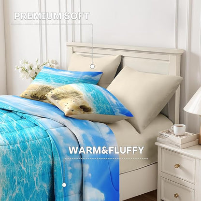 Nesker 7 Pcs Comforter Set Queen Size, Coastal Beach Seascape Scenery Bedding Set for Kids and Adults, Blue Ocean Seaside Seaweed Summer Sheets Bed Sheet Sets with Fitted Sheet 2 Pillowcases & 2 Shams