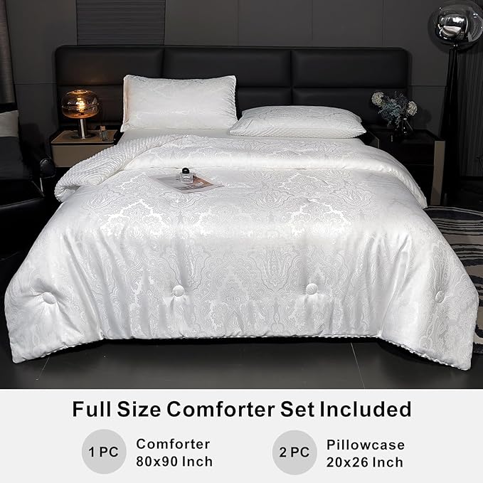 Jacquard Comforter Set - Luxury Warm Paisley Floral Pattern Full Size Bedding with 2 Pillowcases All-Season Soft & Lightweight 3D Bubble Design Bed Set (80x90 Inches White)