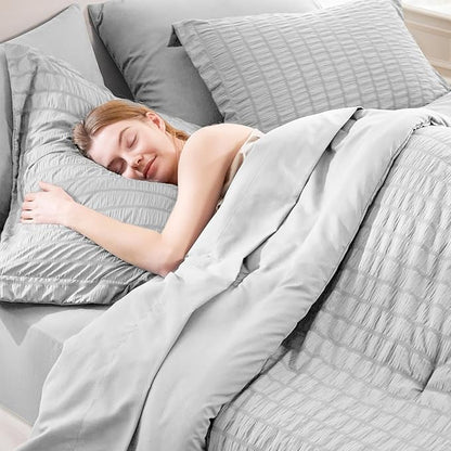 CozyLux Full Bed in a Bag Light Grey Seersucker Textured Comforter Set with Sheets 7-Pieces All Season Bedding Sets with Comforter, Pillow Sham, Flat Sheet, Fitted Sheet and Pillowcase