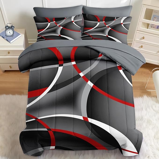 Nesker 7 Pcs Comforter Set Full Size, Modern Gray Black Red Swirls Bedding Set for Kids and Adults, Stripes Circle Lines Geometric Bed Sheet Sets with Fitted Sheet 2 Pillowcases & 2 Shams